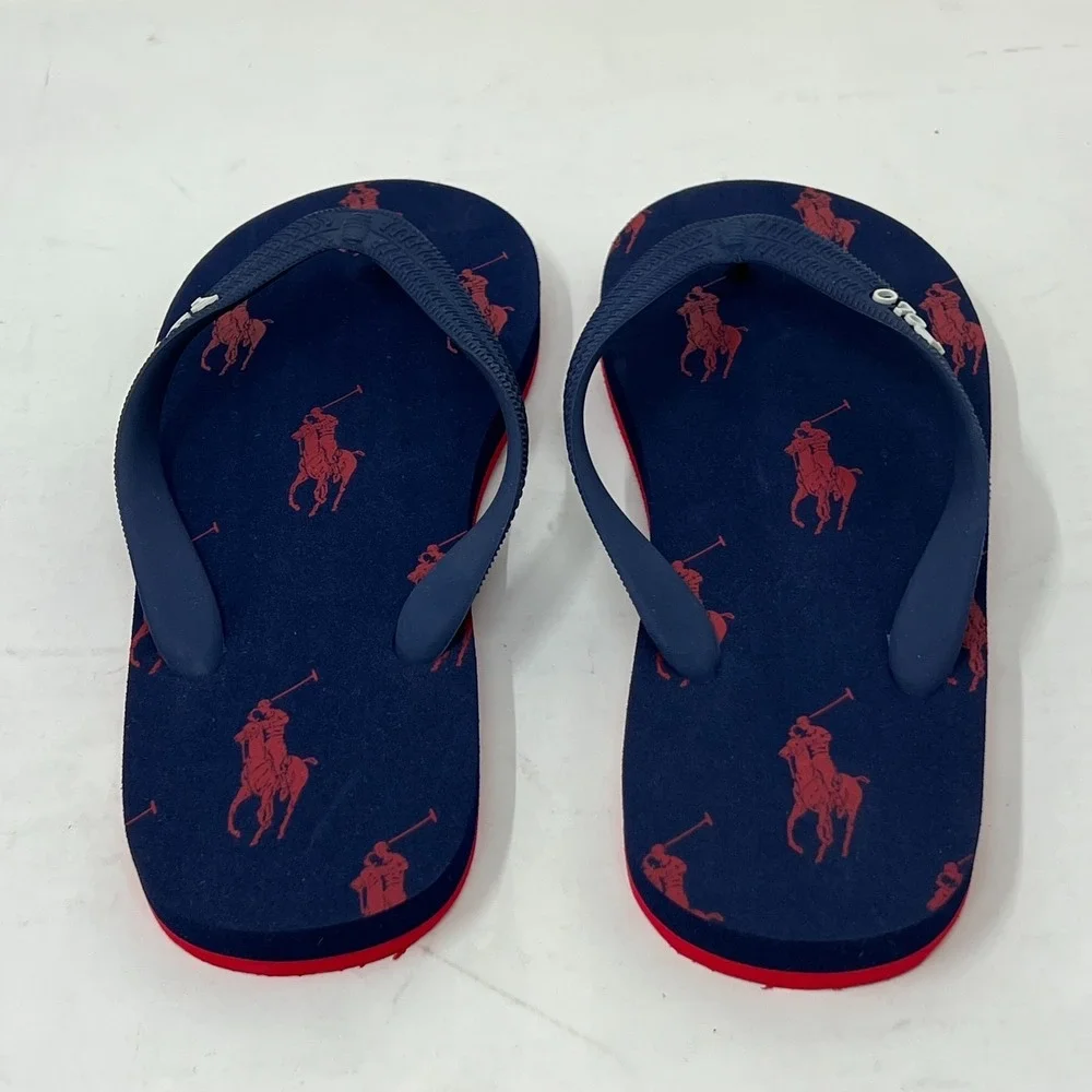 Polo Ralph Lauren Unisex Junior Flip Flop Navy/ Red Pony Logo‎ US Size 4 VTG NEW